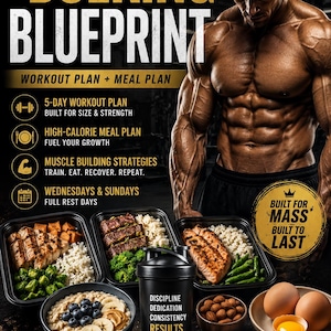 Può includere: Grafica a tema fitness intitolata "The Bulking Blueprint". Presenta un uomo muscoloso, contenitori per la preparazione dei pasti con cibo, una bottiglia shaker, noci e uova. Il testo include dettagli sull'allenamento e sul piano alimentare e frasi motivazionali.