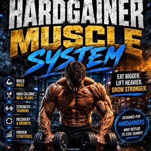 Op de afbeelding: Een promotieposter voor een spieropbouwprogramma. De titel "HARDGAINER MUSCLE SYSTEM" staat in goud en wit. Een gespierd persoon houdt dumbbells vast. Tekst bevat "Build Mass", "Eat Bigger" en "Grow Stronger."
