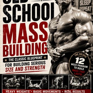 Op de afbeelding: Boekomslag voor "Old School Mass Building" met een gespierde man. De titel staat in grote, vette letters met de ondertitel "The Classic Blueprint for Building Serious Size and Strength."