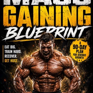 May include: Book cover with a muscular man and the title "The Mass Gaining Blueprint." The cover features text that reads "The Ultimate Guide to Building Size, Strength & Confidence" and "A 90-Day Plan for Serious Growth."