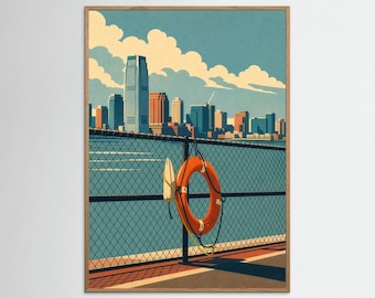 Jersey City Skyline View Poster | Retro Travel Wall Art | On the Hudson River | Home Decor