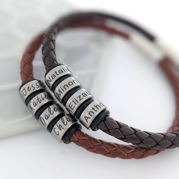 Echtes Lederarmband für Männer, Geburtstagsgeschenk für ihn, personalisiertes Herrenlederarmband mit Ringen, benutzerdefiniertes Kindernamenarmband