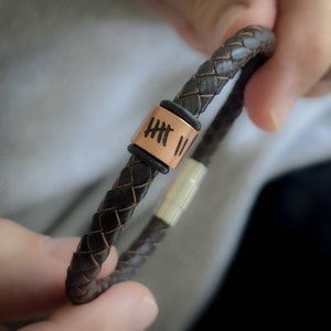 Pu&ograve; includere: Un braccialetto in pelle marrone con un perno in rame inciso con numeri romani. Il braccialetto ha una chiusura magnetica.