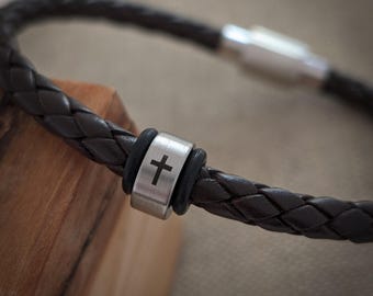 メンズクロスブレスレット、キリスト教ギフト、クロス付きレザーブレスレット、信仰、キリスト教ジュエリー