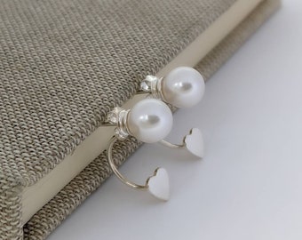 Pearl earrings sterling silver UK made, swing pearl earrings with a heart, unusual earrings, stud pearls, silver heart earrings, mum gift