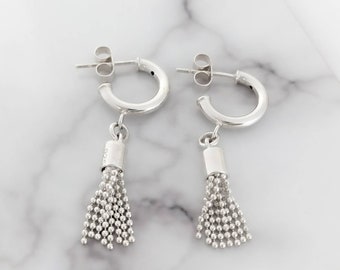 Silver tassel earrings, sterling silver hoop earrings, daughter birthday gift, gifts for sister, silver earrings uk, silver tassels
