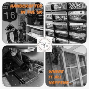 May include: A workshop space with a sign that reads "Handcrafted in the UK" and a sign that reads "Personalised Treasures, Handmade Jewellery & Gifts". The workshop is filled with tools and materials for making jewellery. There are shelves filled with small boxes and containers, and a workbench with a machine for making jewellery.