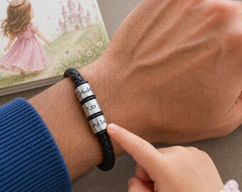 子供の名前入りブレスレット、男性用レザーブレスレット、夫へのユニークなギフト、彼への誕生日プレゼント、リング付きパーソナライズメンズブレスレット