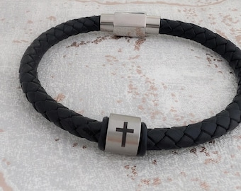 Engraved Men Leather Bracelet, Religious Cross Bracelet, Gift for