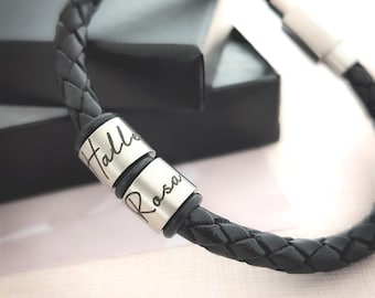 Personalized Braided Leather Bracelet for Men, Engraved Stainless Steel Rings