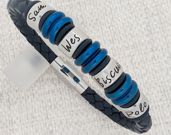 Personalized Leather Bracelet, Engraved Stainless Steel Rings