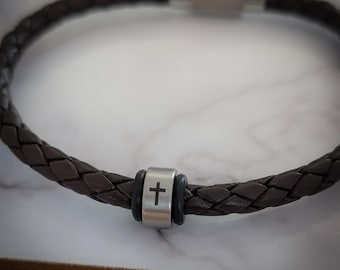 Mens Braided Leather Cross Bracelet, Christian Jewelry