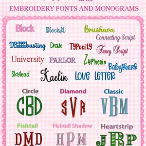 May include: A digital chart titled Ruffles and Bow EMBROIDERY FONTS AND MONOGRAMS displaying various font styles including Block, Brushava, and Connecting Script, alongside monogram styles like Circle, Diamond, Classic, Fishtail, and Vine.