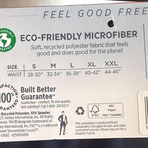 May include: A product tag for Jockey underwear made of eco-friendly microfiber, featuring a size chart for waist measurements from 28 to 46 inches. The tag includes a 100% satisfaction guarantee, material composition of 90% recycled polyester and 10% spandex.