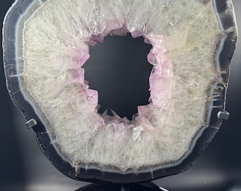 Agate Amethyst Geode Slice Portal on Stand - Natural Crystal Display