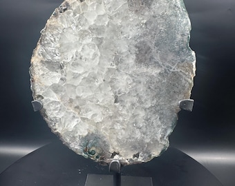 Quartz Geode Slice on Metal Stand — Natural Crystal Display - Home Decor