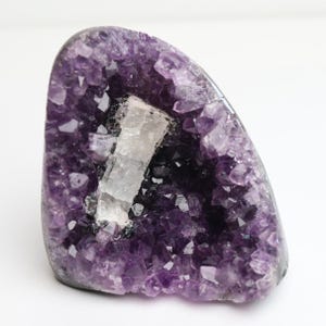 May include: A raw amethyst geode featuring deep purple crystalline structures surrounding a prominent, elongated white calcite crystal formation embedded within the center of the dark violet mineral cluster.