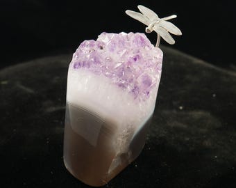 Handmade Sterling Silver Dragonfly on Brazilian Amethyst Agate Freeform Home Decor