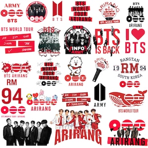 May include: A collection of red and black graphic stickers featuring the K-pop group BTS, including logos, member names, cartoon characters, concert tour text, silhouettes, and group photographs, all arranged on a white background for decorative use.