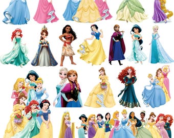 Princess PNG Cliparts Bundle, Princess Cartoon PNG Images, Birthday Theme Princesses Clipart Set, Transparent Background, Digital Download