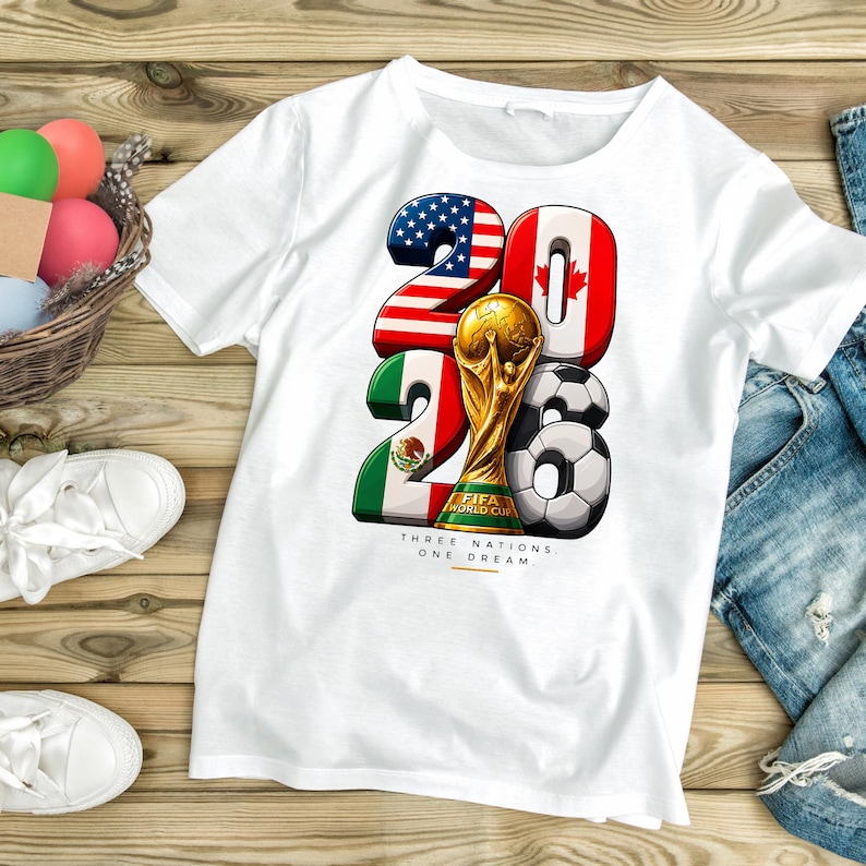 Puede incluir: Una camiseta blanca con un gr&aacute;fico del a&ntilde;o 2026, con los n&uacute;meros estilizados como las banderas de Estados Unidos, Canad&aacute; y M&eacute;xico, un trofeo dorado de la Copa Mundial de la FIFA y un bal&oacute;n de f&uacute;tbol. El texto dice: THREE NATIONS. ONE DREAM.