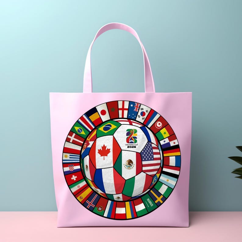 Puede incluir: Una bolsa de tela rosa claro con un gr&aacute;fico central de un bal&oacute;n de f&uacute;tbol compuesto por varias banderas nacionales, incluyendo Canad&aacute;, M&eacute;xico y Estados Unidos. El bal&oacute;n muestra el logotipo de la FIFA World Cup 2026 y est&aacute; rodeado por un anillo de banderas.