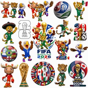 2026年ワールドカップ クリップアートバンドル PNG JPG | サッカーマスコット | 2026年ワールドカップ背景 | サッカーデジタルペーパー | ケーキトッパー昇華PNG