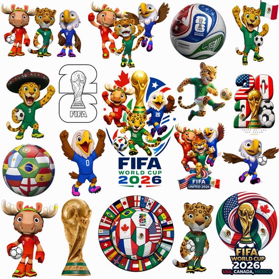 World Cup 2026 Clipart Bundle PNG JPG | Soccer Mascots | World Cup 2026 Backgrounds | Soccer Digital Papers | Cake Topper Sublimation PNG