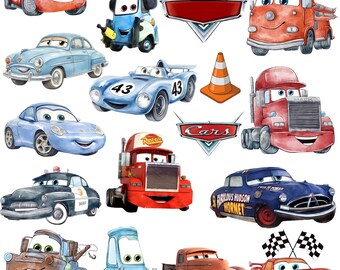 Cars handgetekende aquarel bundel, Lightning Mcqueen aquarel png, auto's clipart, handgetekende aquarel mater, instant digitale download