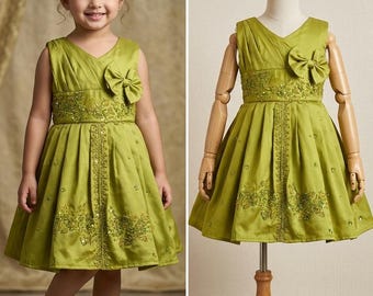 Girls Lime Green Party Dress With 2 Matching Hair Bows | Kids Eid Diwali Birthday  Outfit Size 3-4