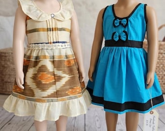 2-teiliges Kleinkind-Mädchen-Kleiderset: blaues Kleidchen und Baumwollkleid mit Ikat-Muster, handgefertigtes Sommerset für 1-2 Jahre, inklusive 2 passender Haarbänder