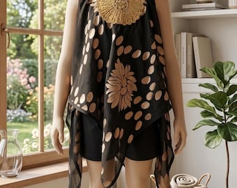 Girls Black Gold Embroidered Party Dress Romper Set, Asymmetrical Chiffon Holiday Outfit