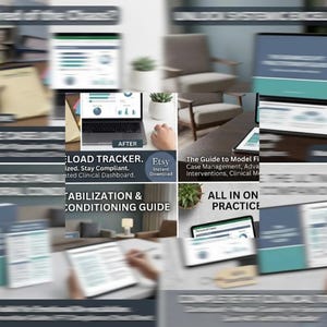May include: A digital clinical dashboard and tracker displayed on a laptop screen, featuring charts and data tables. The text includes "AFTER," "LOAD TRACKER," "STABILIZATION & CONDITIONING GUIDE," and "ALL IN ONE PRACTICE" alongside a small potted plant.