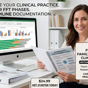 Puede incluir: Una mujer sonríe mientras sostiene un libro titulado "Advanced FFT Practitioner's Guide". Una pantalla de ordenador muestra gráficos. La imagen promociona el "Ultimate Functional Family Therapy (FFT) Clinical Bundle".