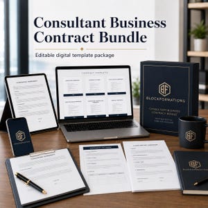 May include: A digital business contract bundle with a laptop, tablet, smartphone, and printed documents. The bundle includes a navy blue box, a mug, and a notebook, all with a gold logo. The text reads "Consultant Business Contract Bundle."