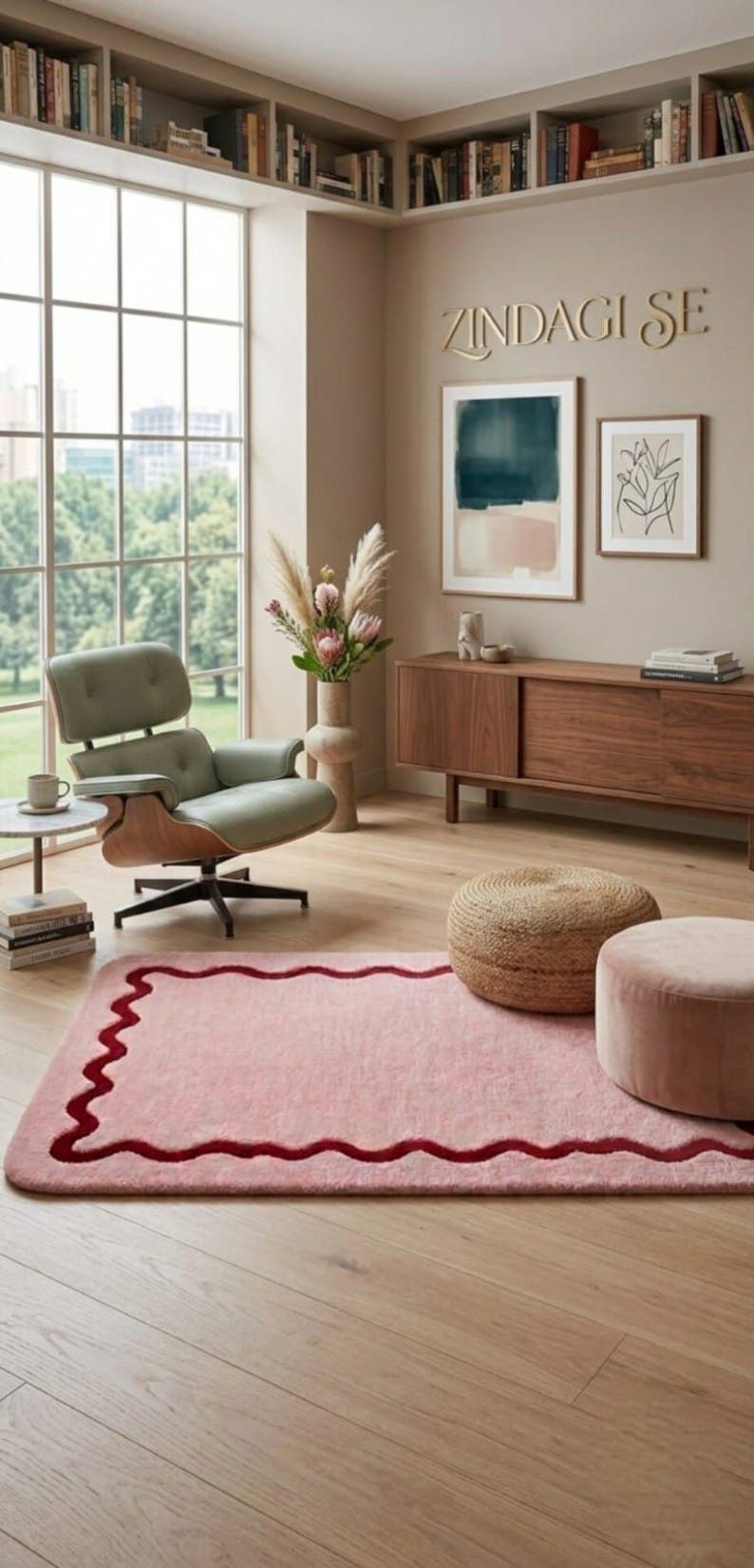 May include: A rectangular pink area rug featuring a dark red wavy border design. The rug is placed on a light wood floor in a room containing a sage green lounge chair, a wooden sideboard, two round ottomans, and wall art with the text ZINDAGI SE.
