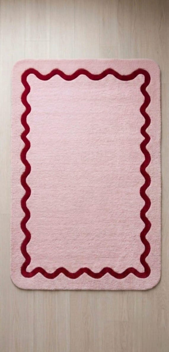 Handmade Wool Wavy Border Rug, Blush Pink Scalloped Accent Nursery Decor