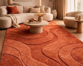 Burnt Orange Abstract Carved Area Rug, Plush Shag Living Room Carpet