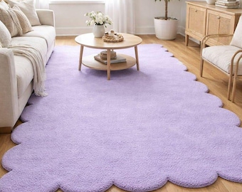 Handmade Lavender Scalloped Rug, Pastel Purple Wool Blend Carpet, Modern Nursery Decor