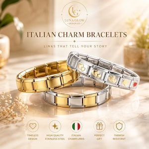 Puede incluir: Tres pulseras de eslabones italianos modulares. Una es de tono dorado, otra es de tono plateado con corazones dorados y un corazón rojo, y otra es de diseño bicolor en plata y oro. El texto dice Luna Glow Design Co. Italian Charm Bracelets.