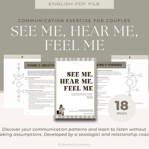 Op de afbeelding: Een digitale PDF-communicatiegids voor koppels getiteld See Me, Hear Me, Feel Me. De documentenset bevat 18 pagina's met reflectievragen, geometrische lijntekeningen en gestructureerde aanwijzingen voor het opbouwen van een relatie.