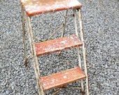 Vintage Mid Century Industrial Rustic Wood Metal Step Ladder Primitive Farmhouse Folding Collapsible Country Cottage Architectural Salvage