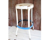Antique Industrial Metal Stool Rustic Garden Plant Stand 1950s Mid Century Blue White Patio Cafe Kitchen Display Country Primitive