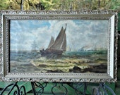 Antique Seascape Landscape Painting Rustic Old Impressionist Nautical Stormy Sailboat Regatta Marine Primitive Beach Cottage Wall Decor