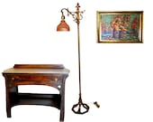 Antique Arts Crafts Stickley Era Art Deco Floor Lamp Signed Hammered Iron Cold Painted RARE Reverse Painted Tree Shade