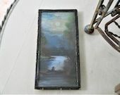 Antique Miniature Small Mountain Lake Fisherman Canoe Full Moon Landscape Gouache Oil Pastel Painting Hudson Valley Folk Art