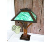 Antique WB Brown Mission Green Slag Glass Lamp Quartersawn Oak Arts Crafts Stickley Era Library Table Lamp Architectural Lighting