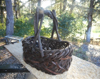 Antique Victorian Americana Rustic Twig Adirondack Rare Woven Wicker Cabin Primitive Folk Art Basket Handled Tote