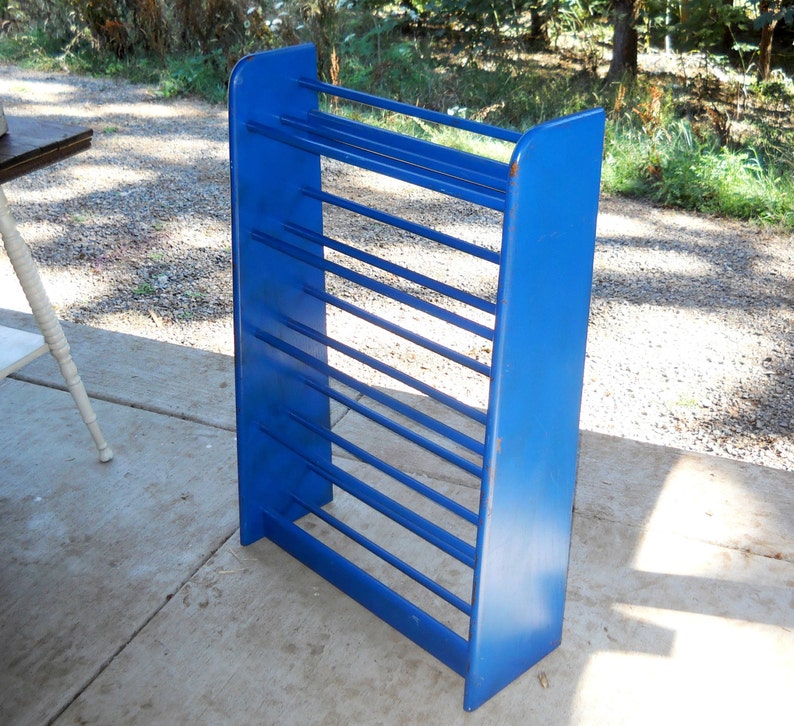 Mid Century Oak Wood Shoe Display Rack Organizer Danish Modern Decor Painted Cobalt Blue Art Deco Vintage 1970s Eames Industrial Farmhouse