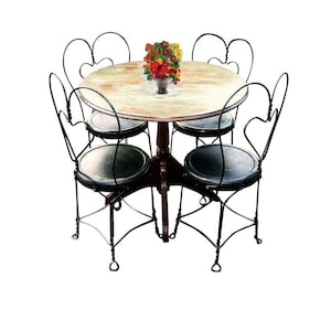 Antique Cafe Bistro Pub Large Rustic Painted Parlor Table & 4 Iron Heart Chair Set Outdoor Sanctuary Farmhouse Dining